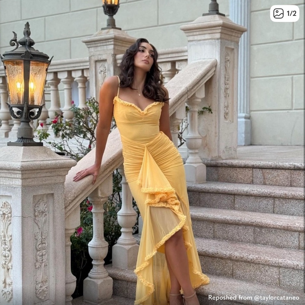 House of CB Gabbi Apricot  Mesh Ruffle Elegant Yellow Dress